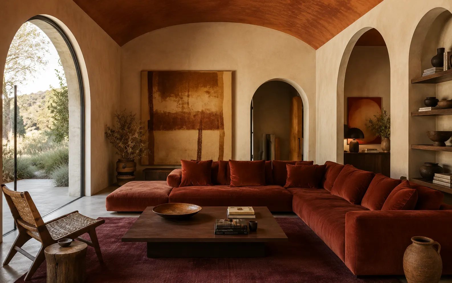 An interior designer meeting a first client with a tablet portfolio