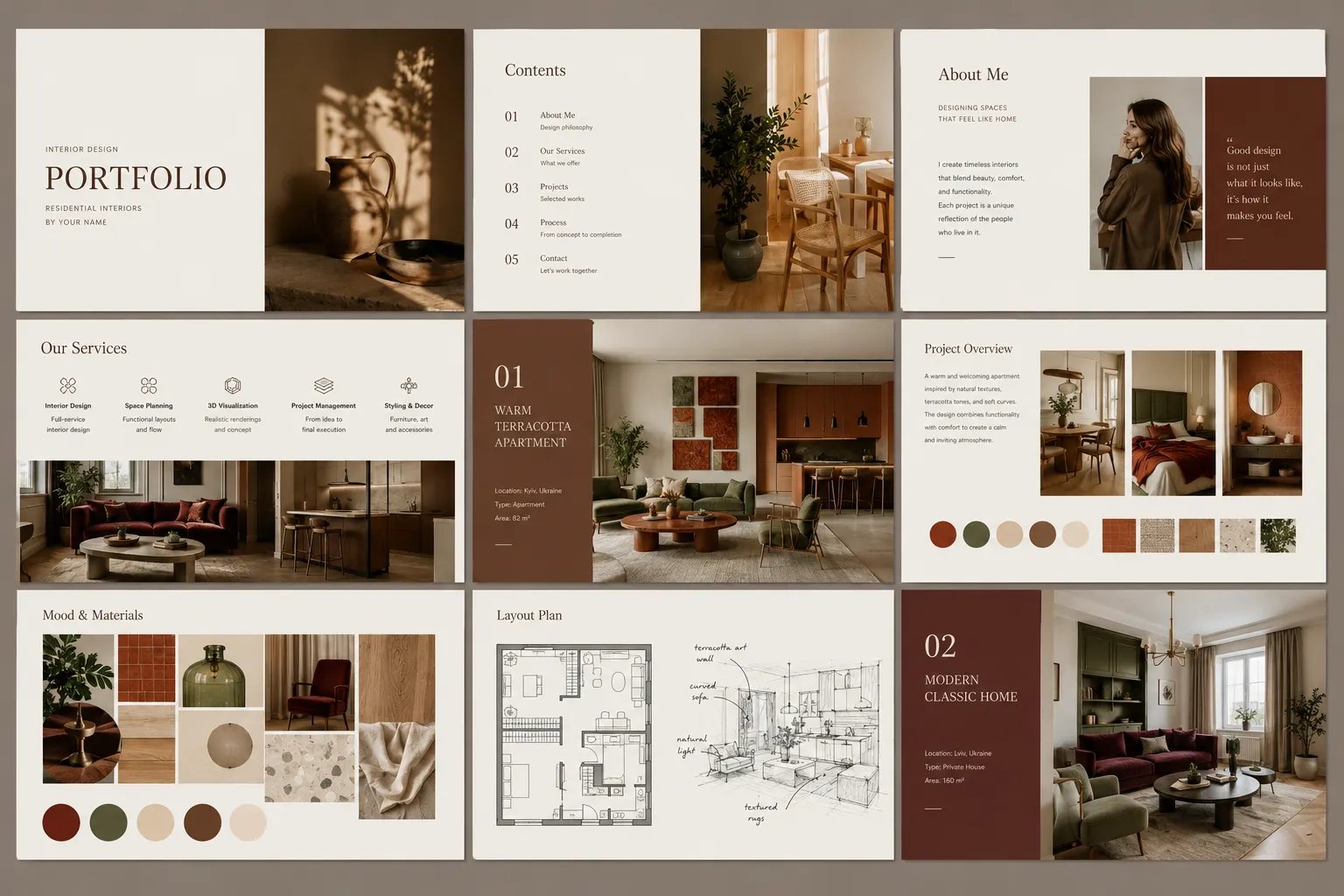 One-click PDF export turning an interior design project page into a client-ready presentation