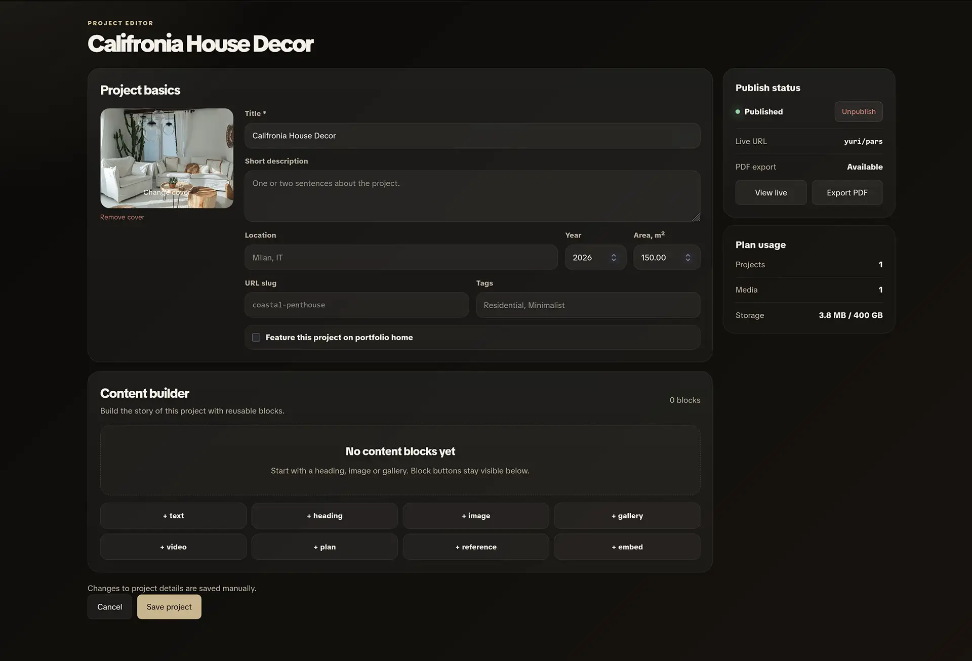 InteriorPortfolio visual project editor
